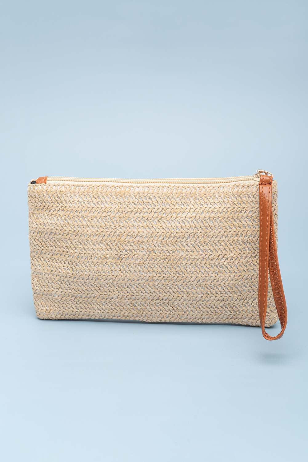 Oatmeal Straw Woven Wrist Strap Zipper Large Wallet