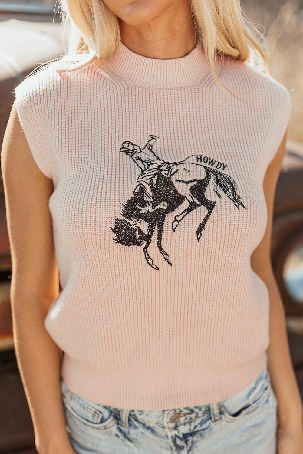 Black Western Cowboy Embroidery Round Neck Sleeveless Sweater