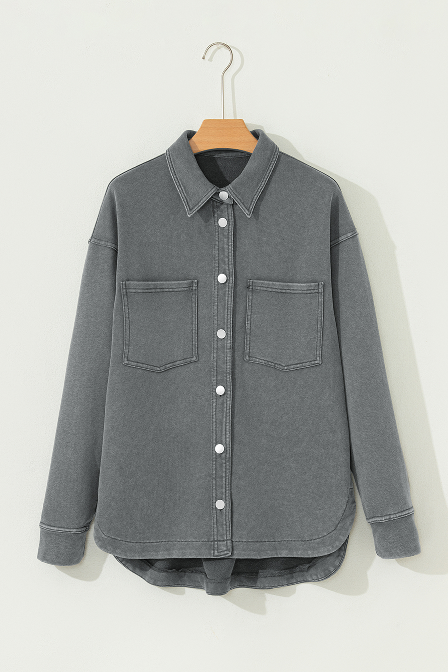 Medium Grey Mineral Wash Chest Pockets Drop Shoulder Shacket with Side Slit