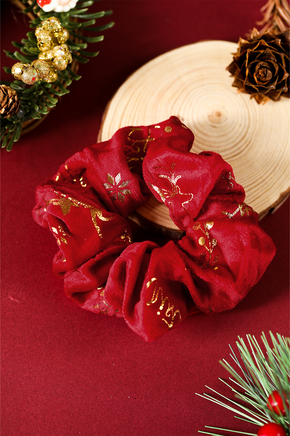 Fiery Red Shimmer Christmas Snowflake Reindeer Print Scrunchie Hair Tie