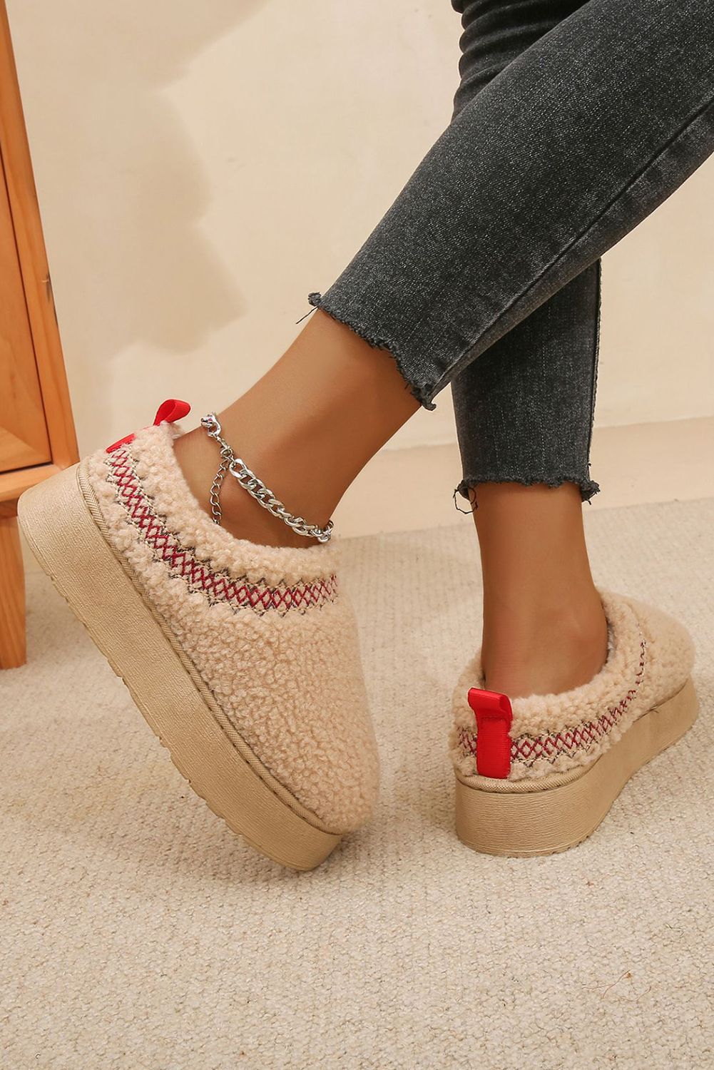 Oatmeal Embroidered Sherpa Plush Thick Sole Snow Boots