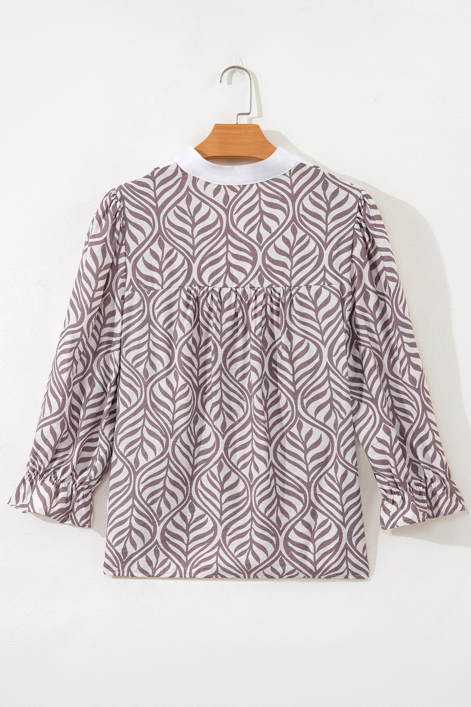 Brown Leaf Print Standing Collar Puff Sleeve Top