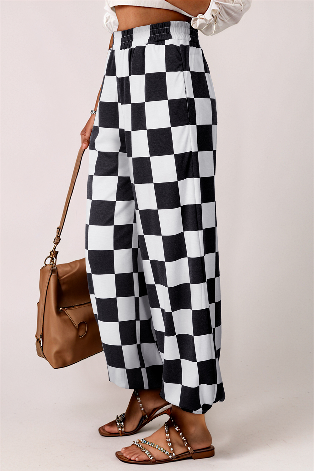 Black 2-Tone Checked Print High Waist Wide Leg Pants