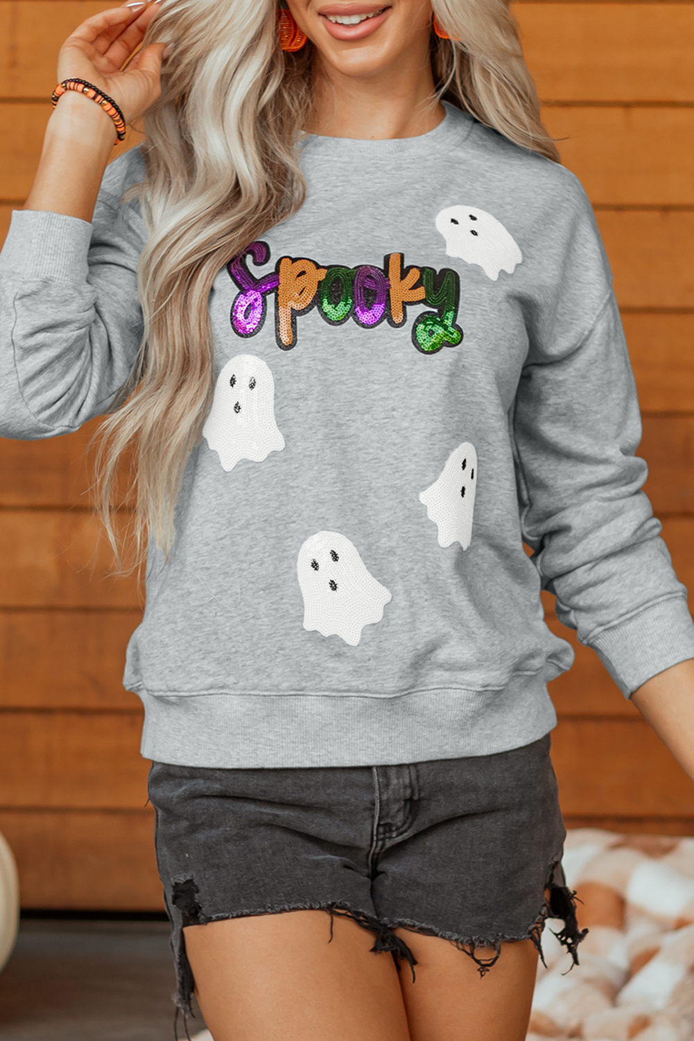 Gray Spooky Halloween Ghost Sequin Patched Sweatshirt