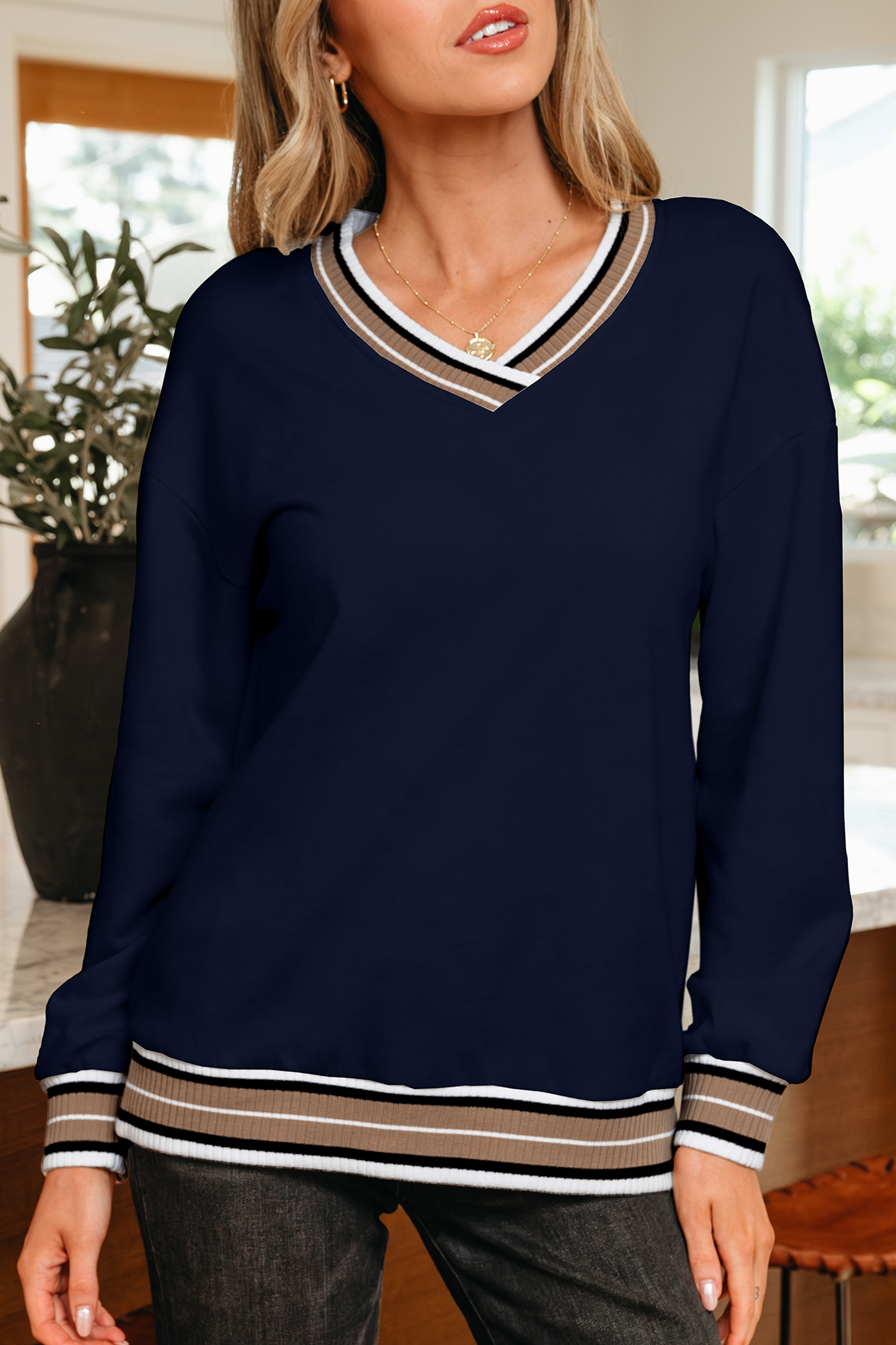 Gray Varsity Contrast Striped Trim V Neck Sweatshirt