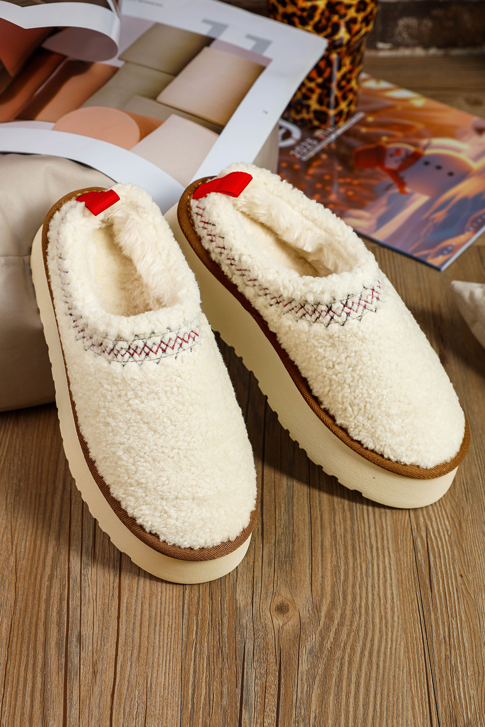 Oatmeal Embroidered Sherpa Plush Thick Sole Snow Boots