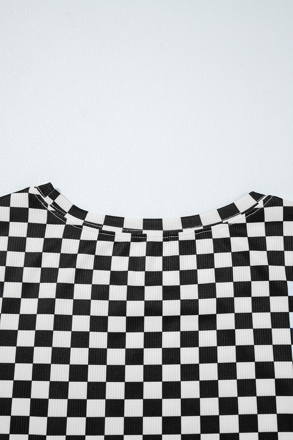 Pink Checkered Ribbed Slim Fit Crew Neck T Shirt