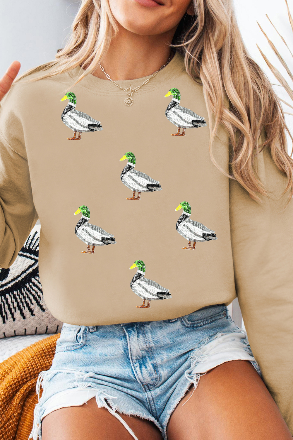 Khaki Sequin Mallard Duck Graphic Baggy Sweatshirt