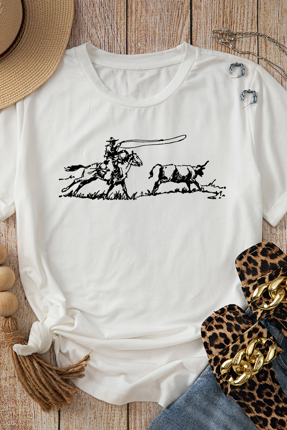 White Western Rodeo Graphic Casual T Shirt