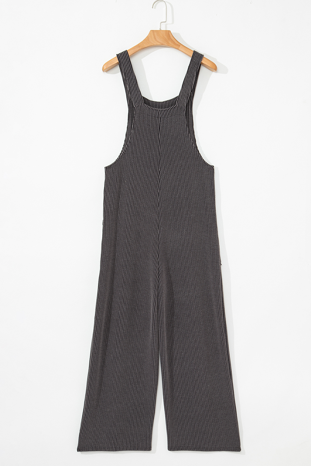 Dark Grey Ribbed Knit Patched Pocket Wide Leg Overalls
