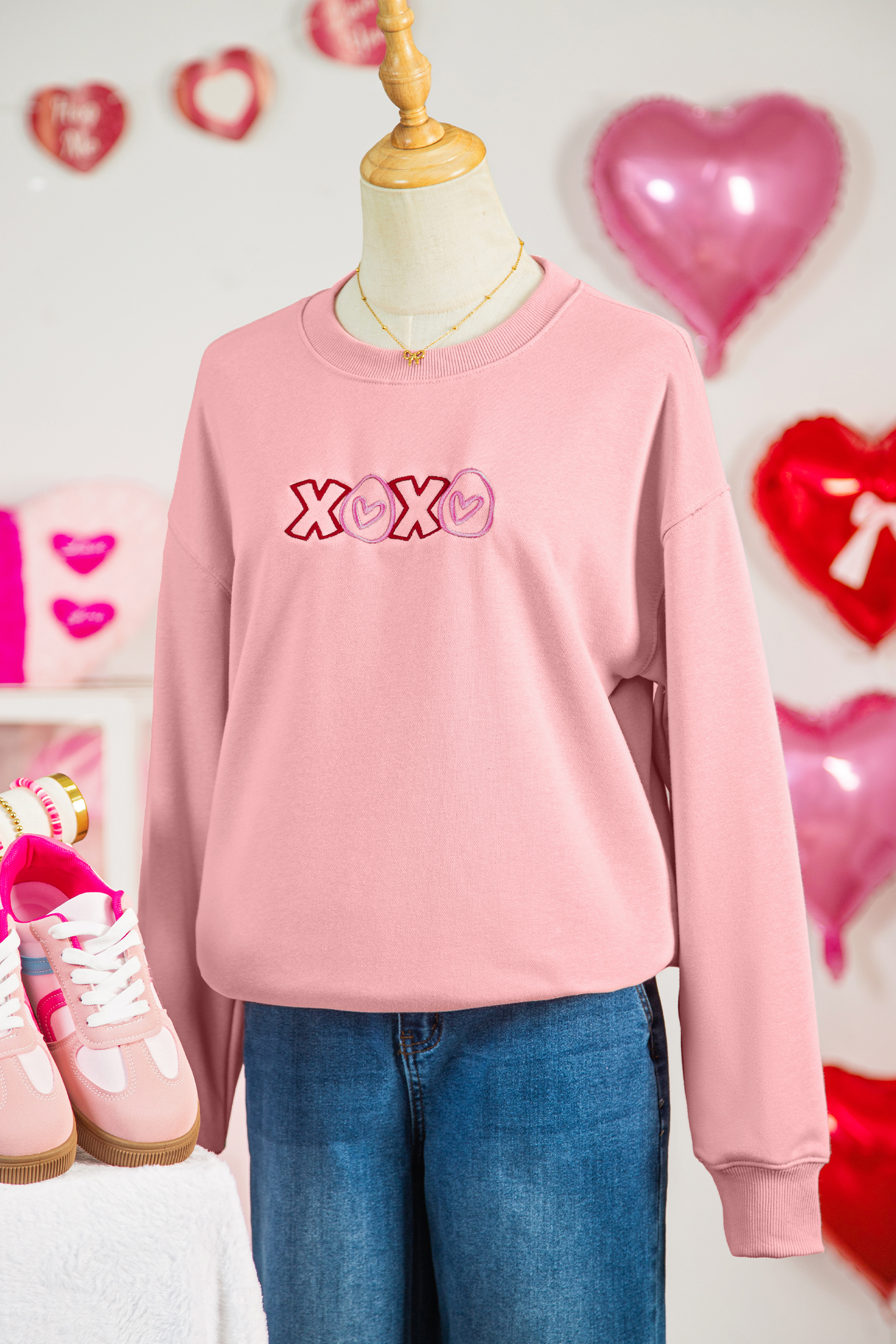 Pink XOXO Playful Embroidered Valentines Day Sweatshirt