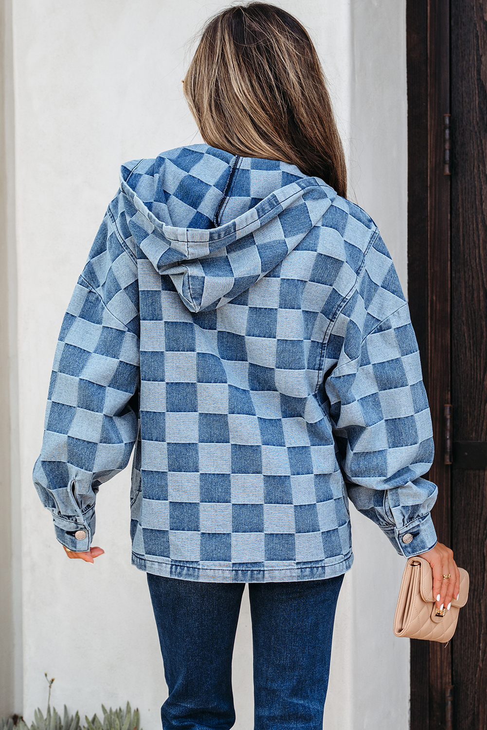 Dark Grey Checkered Denim Wide Leg Jeans