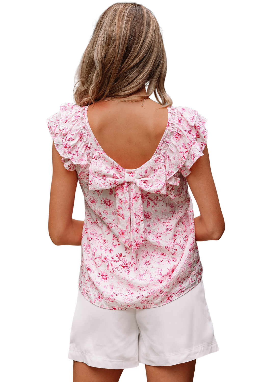 Beau Blue Textured Bow Knot Frilled Butterfly Sleeve Blouse