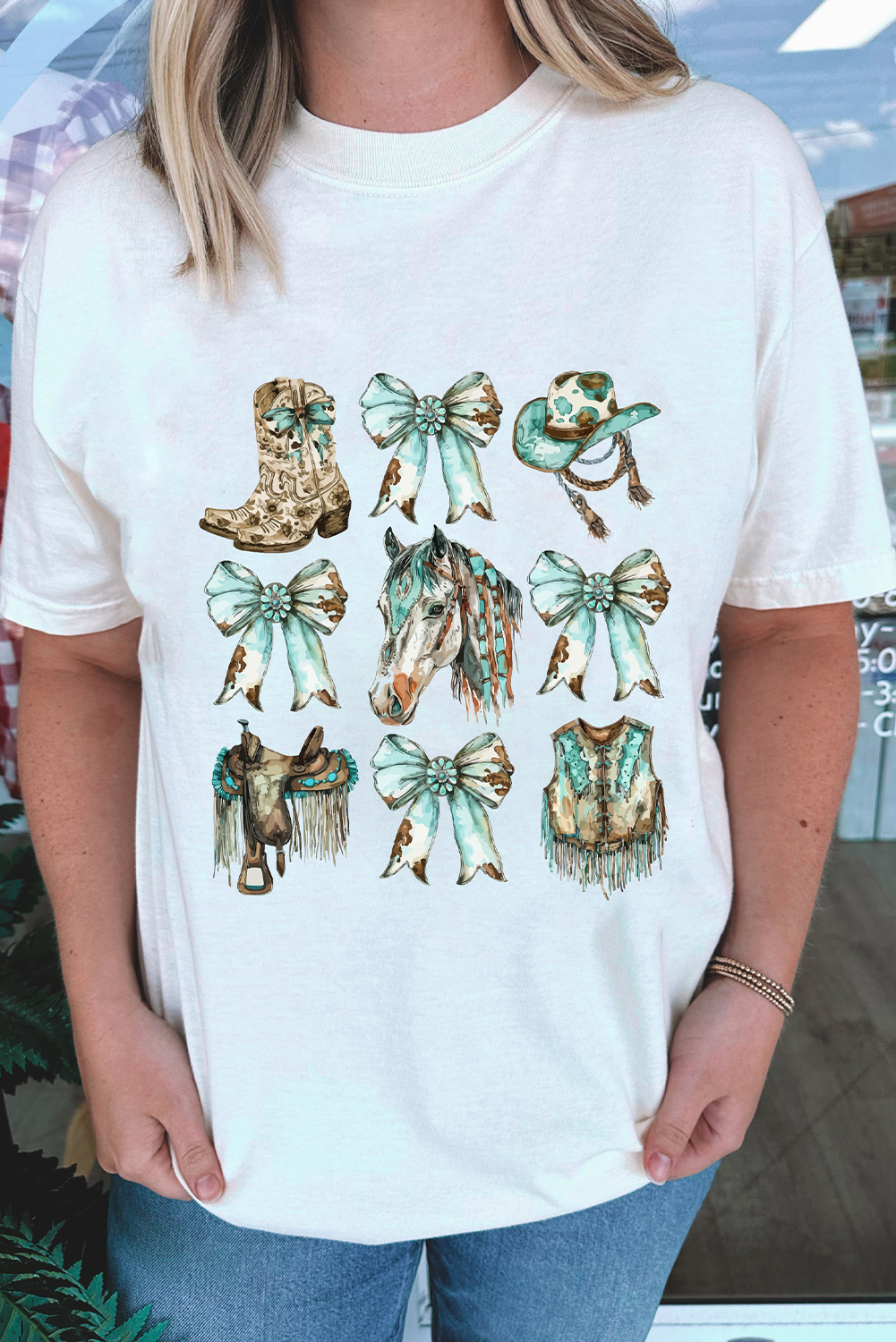 White Horse Bowknot Cowgirl Fashion Print Crewneck Tee