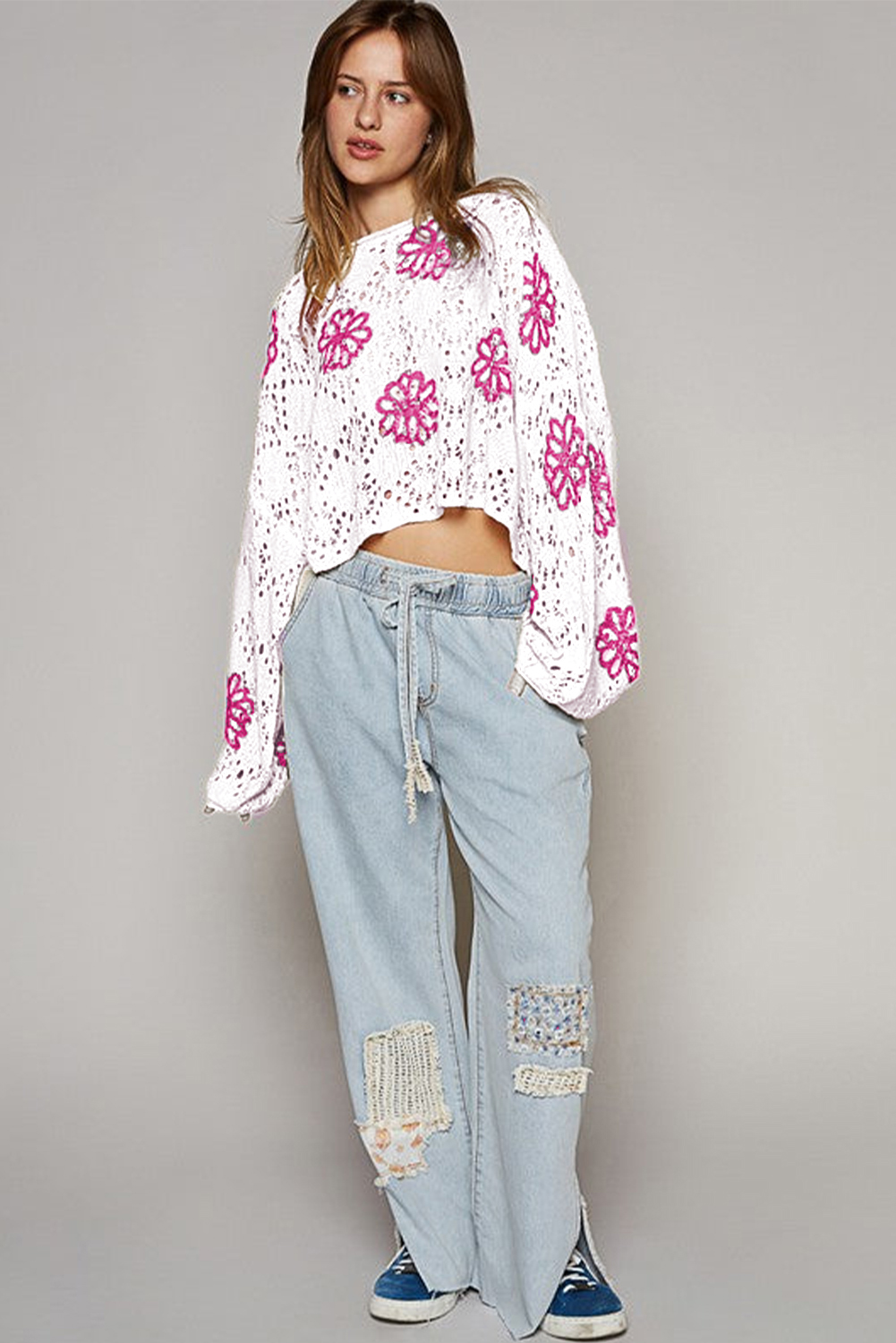 Beige Contrast Flower Print Eyelet Drop Shoulder Sweater
