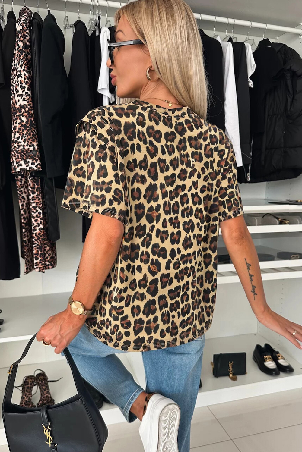 Khaki Cheetah Print Round Neck Loose Fit T Shirt