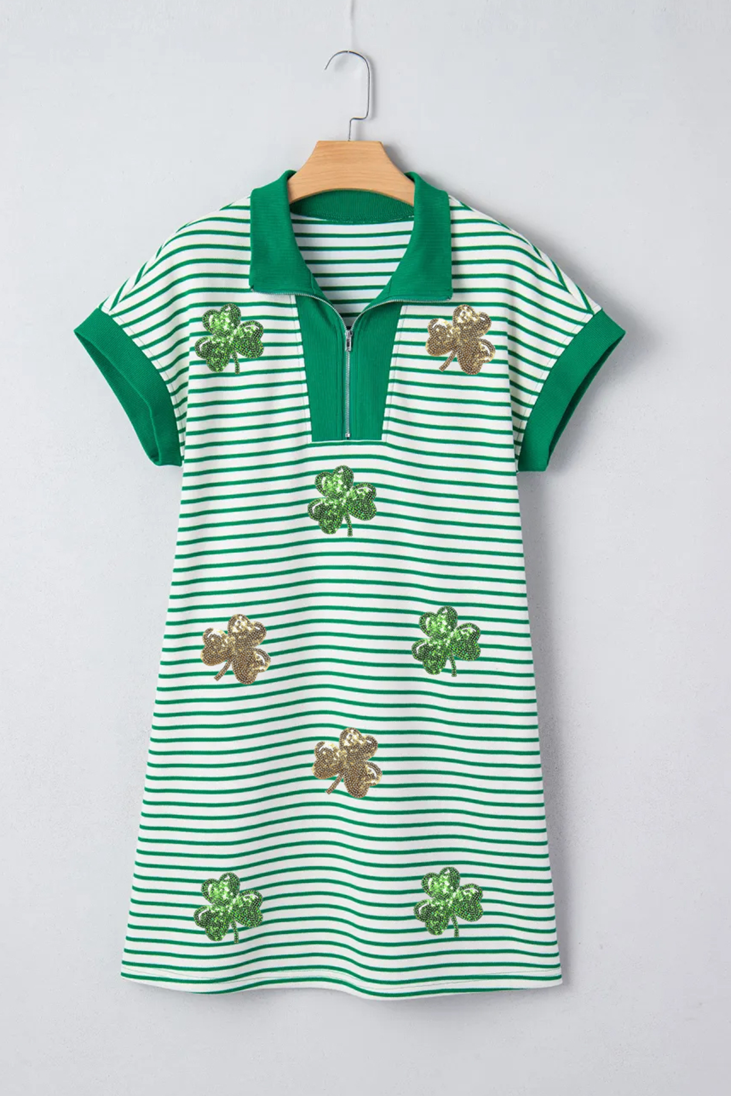 Green Stripe Magic St Patricks Day Sequin Graphic Zip Polo Tee Dress