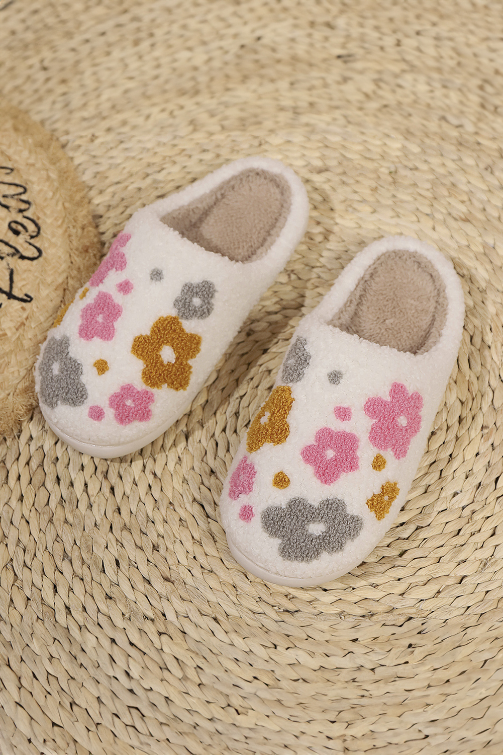 White Fuzzy Flower Pattern Winter House Slippers