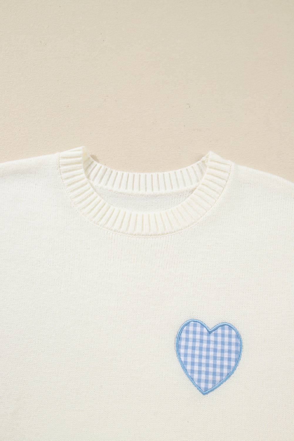 Light Pink Plaid Heart Embroidered Cuffed Drop Shoulder Crew Neck Sweater