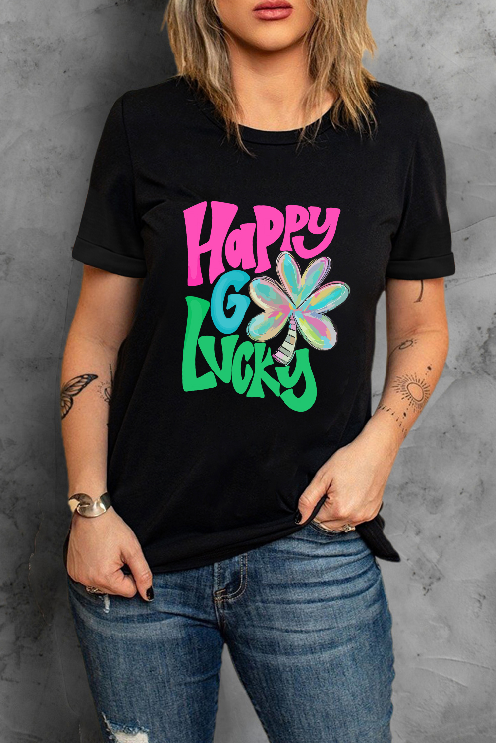 Black St. Patricks Lucky Clover Print O Neck T Shirt