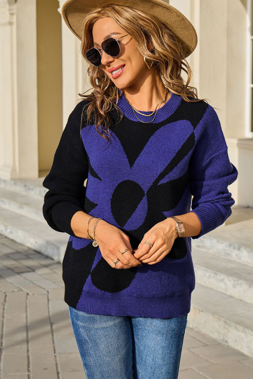 Black 2-tone Contrast Flower Pattern Drop Shoulder Bulk Sweater