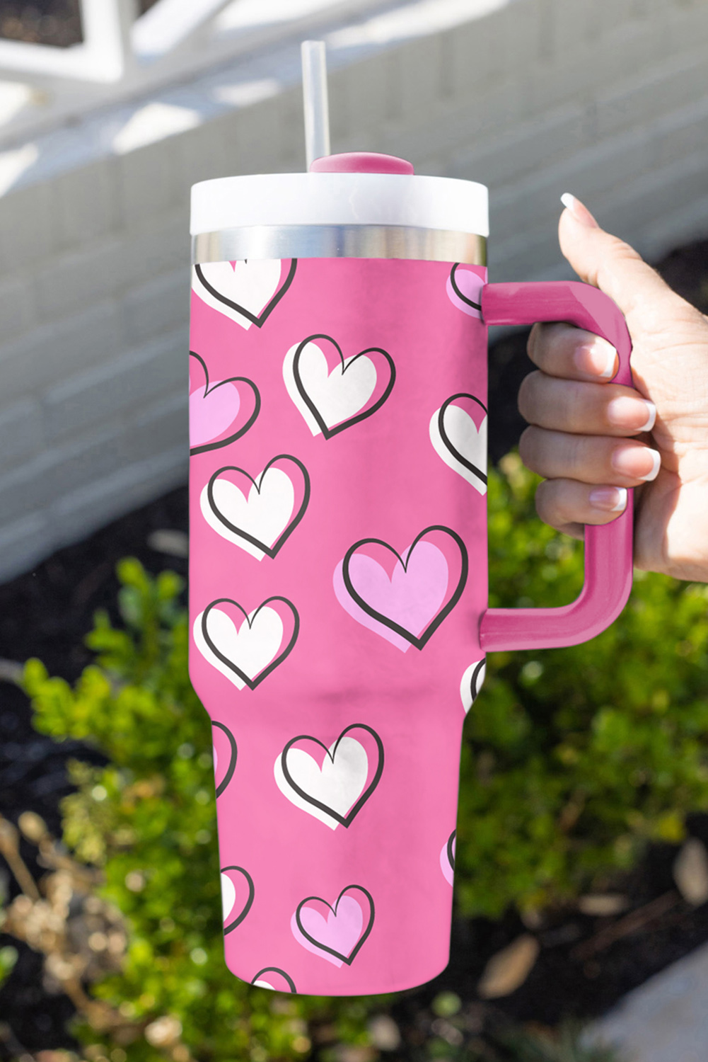 Black Valentines Heart Printed Thermos Cup with Handle 40oz