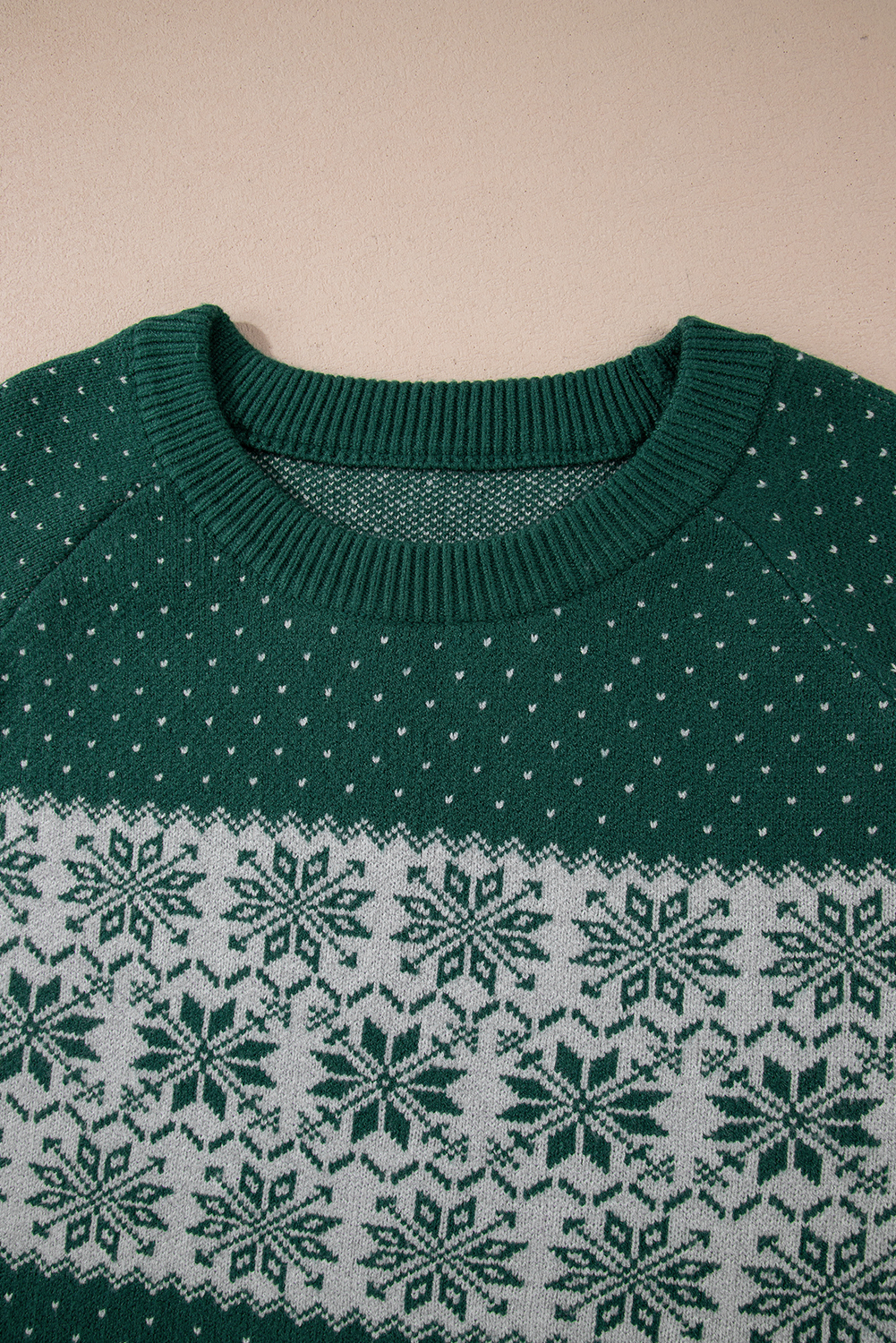 Green Christmas Snowflake Dotted Print Round Neck Sweater