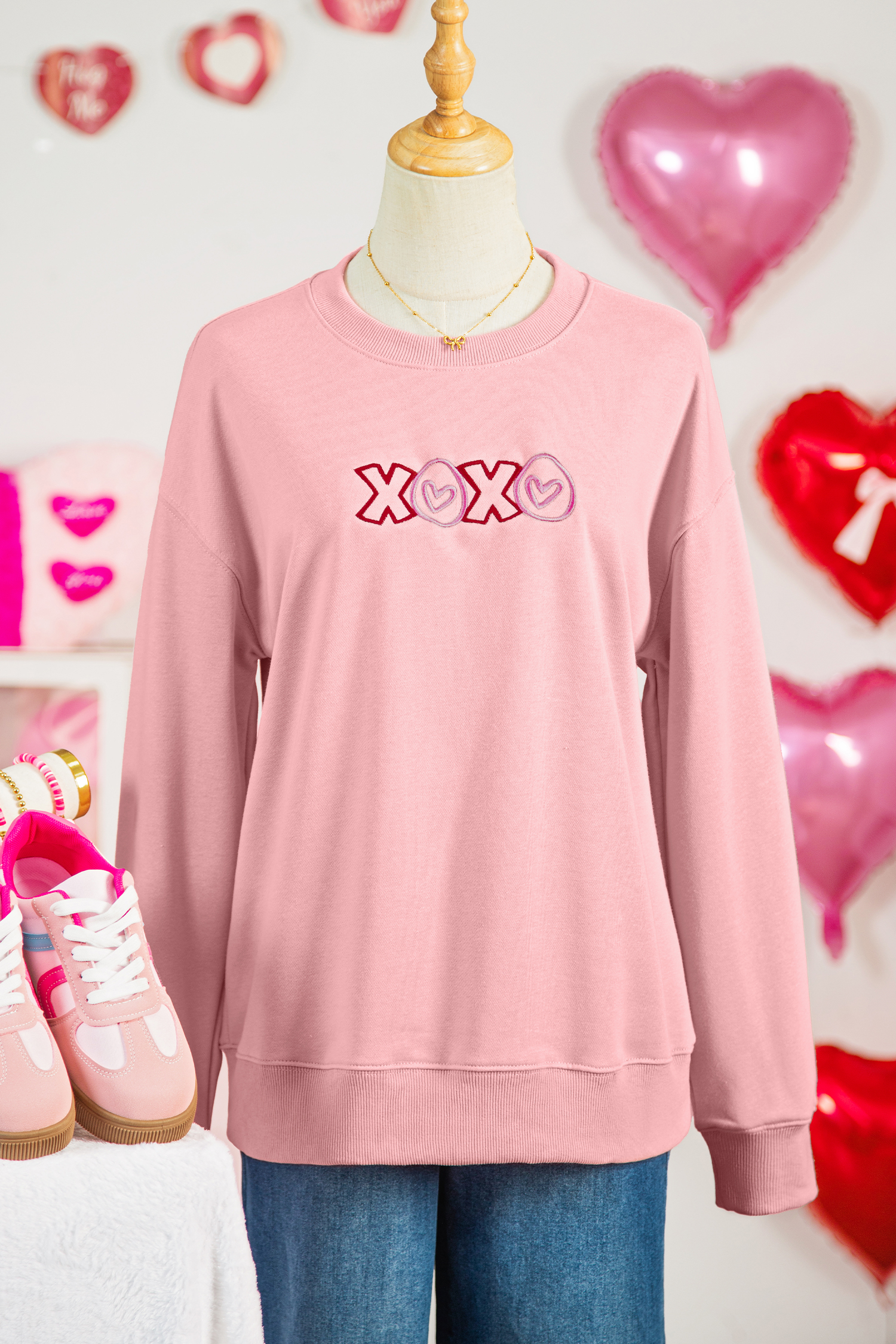 Pink XOXO Playful Embroidered Valentines Day Sweatshirt