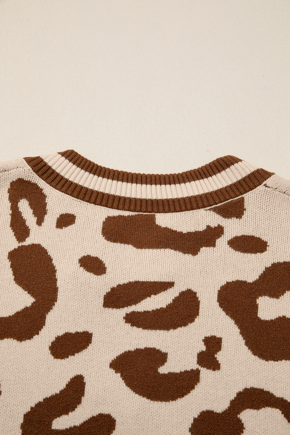 Light French Beige Leopard Printed Knit V Neck Casual Sweater