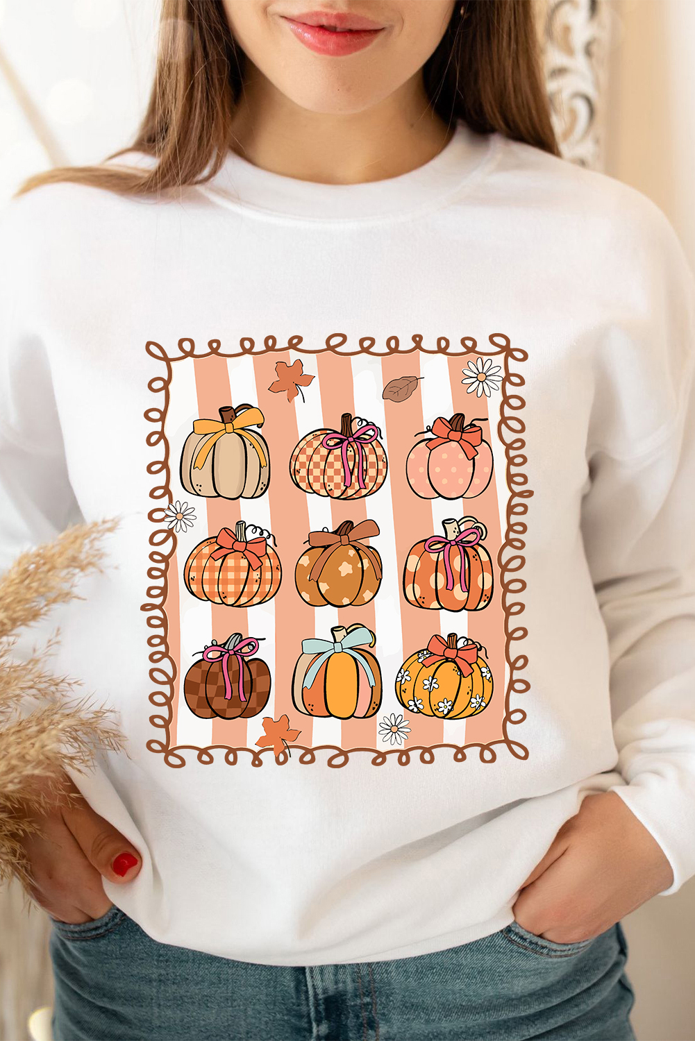 White Fall Bow Pumpkin PNG Sublimation Graphic Sweatshirt