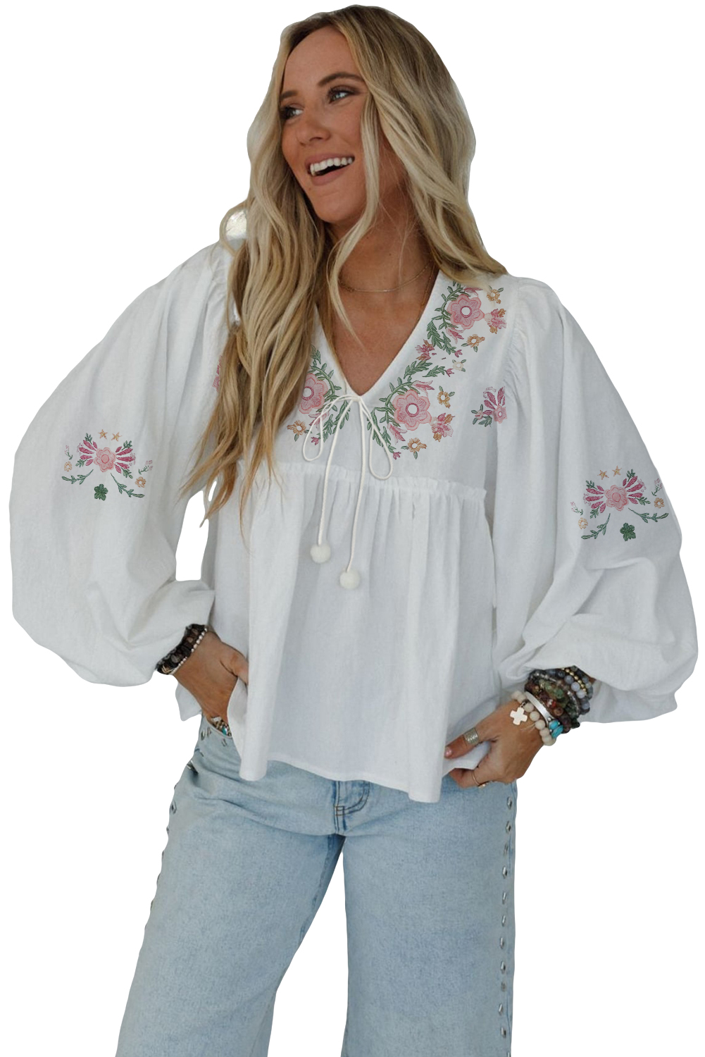 White Flower Print Lace-up V Neck Babydoll Blouse