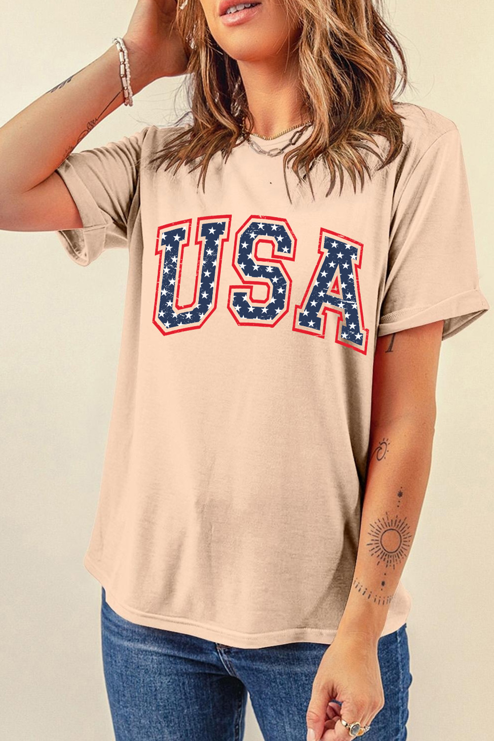 Gray Blooming USA Flag Print Casual T Shirt