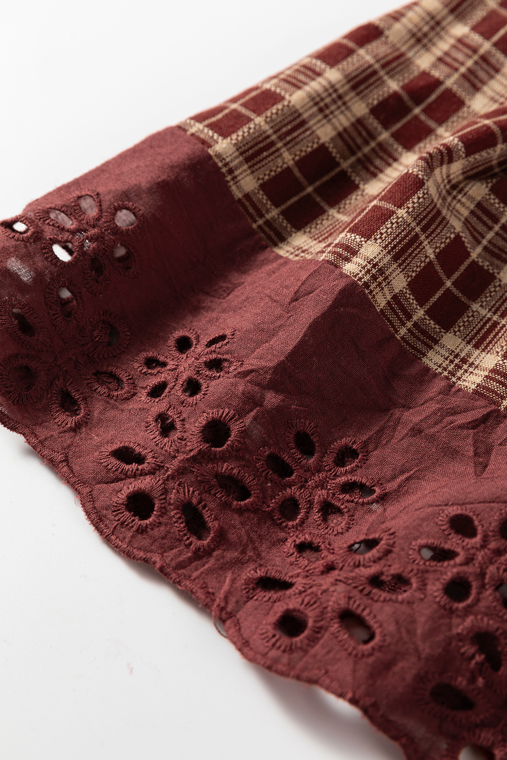 Red Dahlia Plaid Eyelet Lace Trim Button Down Loose Long Sleeve Shirt