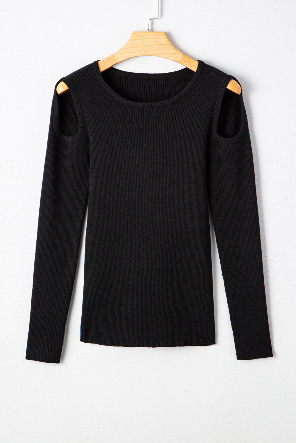 Black Ribbed Knit Cold Shoulder Sweater