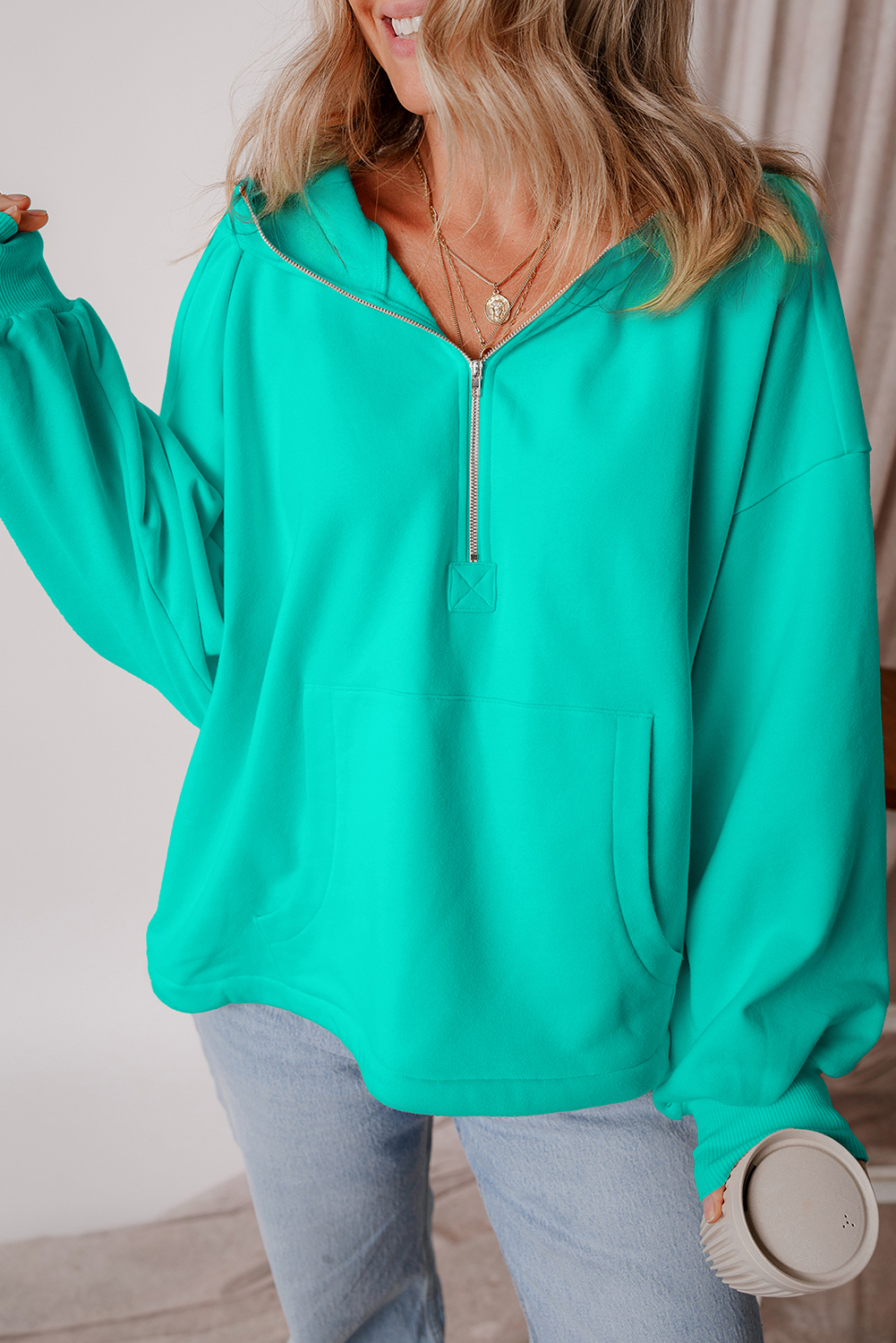 Bonbon Fleece Lined Half Zipper Kangaroo Pockets Loose Hoodie