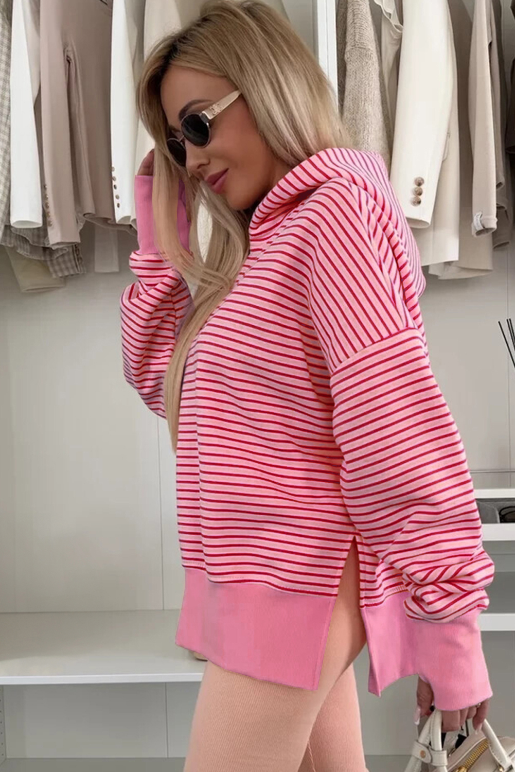 Purple Stripe Thumbhole Side Slits Drop Shoulder Loose Fit Hoodie