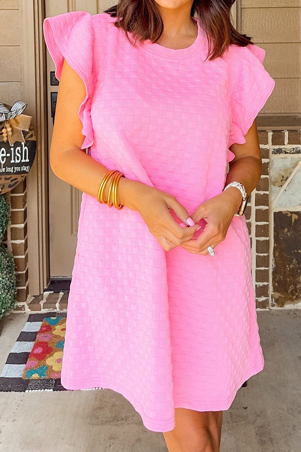Pink Textured Ruffled Sleeve Shift Summer Dress with Pockets