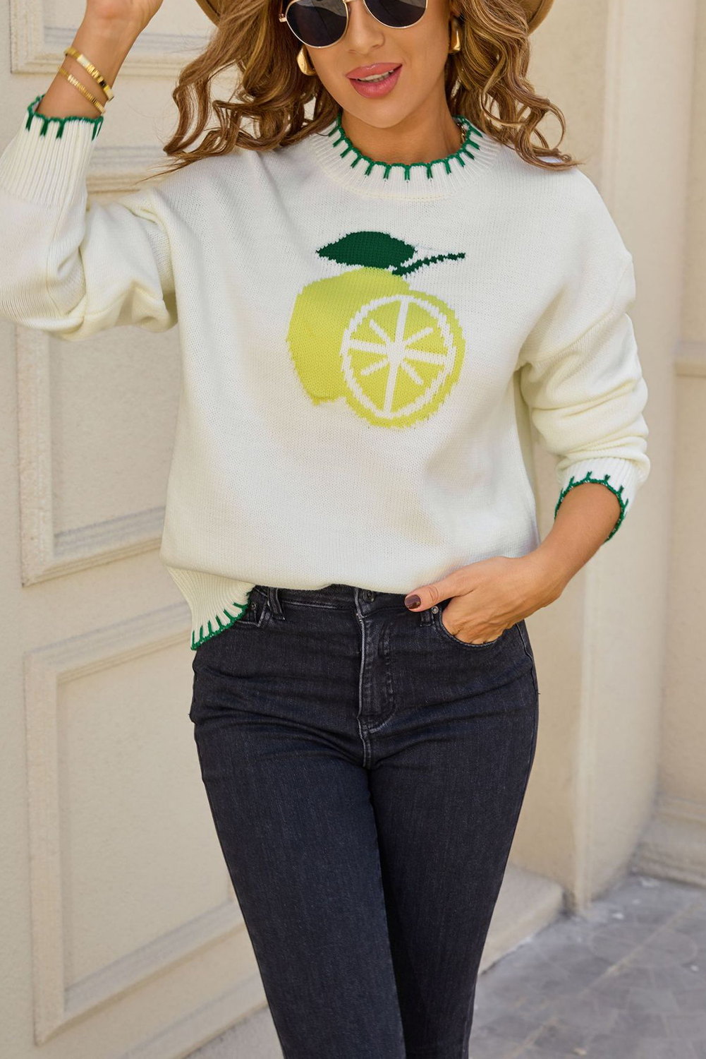 White Lemon Pattern Contrast Stitched Trim Drop Shoulder Sweater