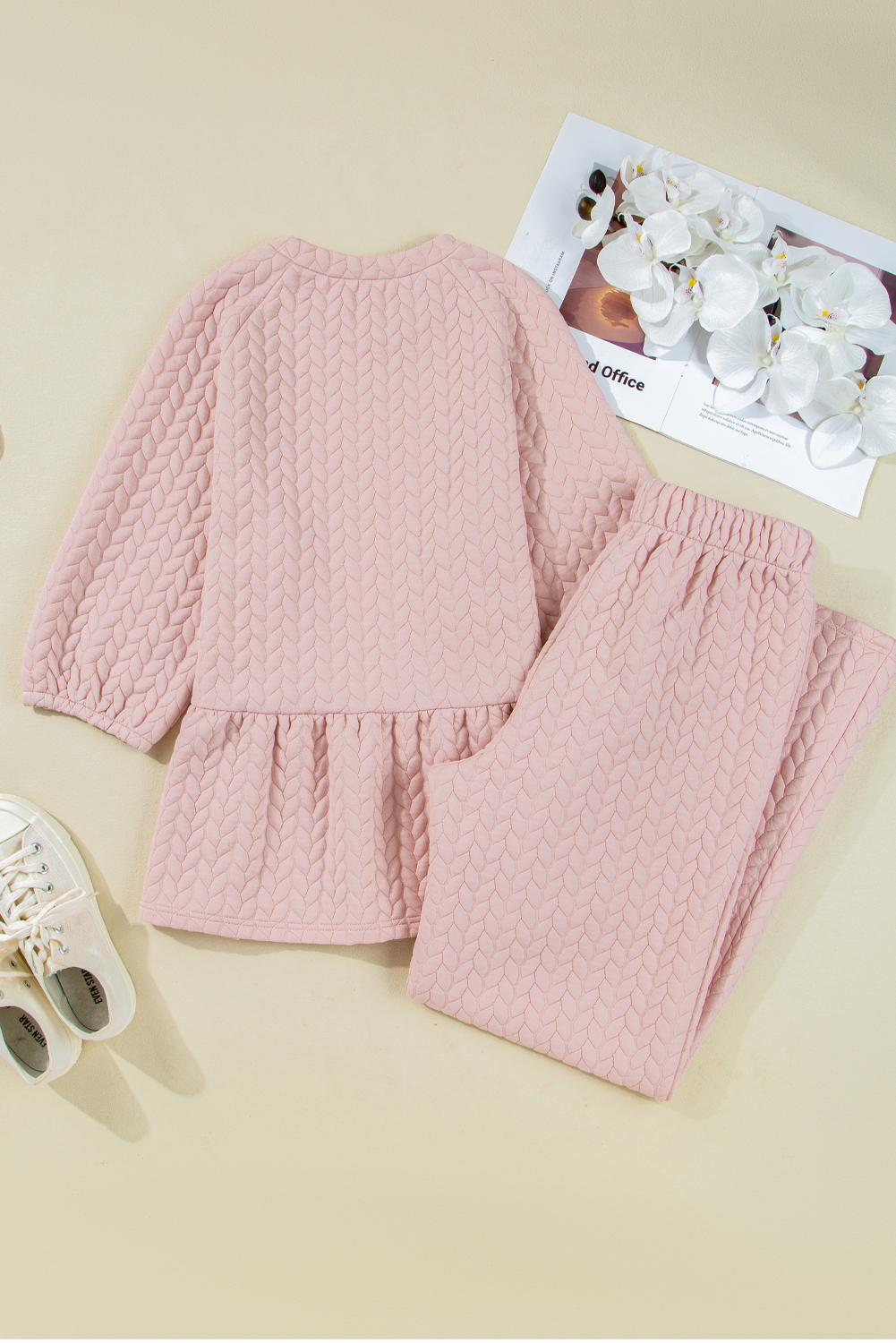Delicacy Braided Texture Ruffle Hem Top Drawstring Loose Pants Set