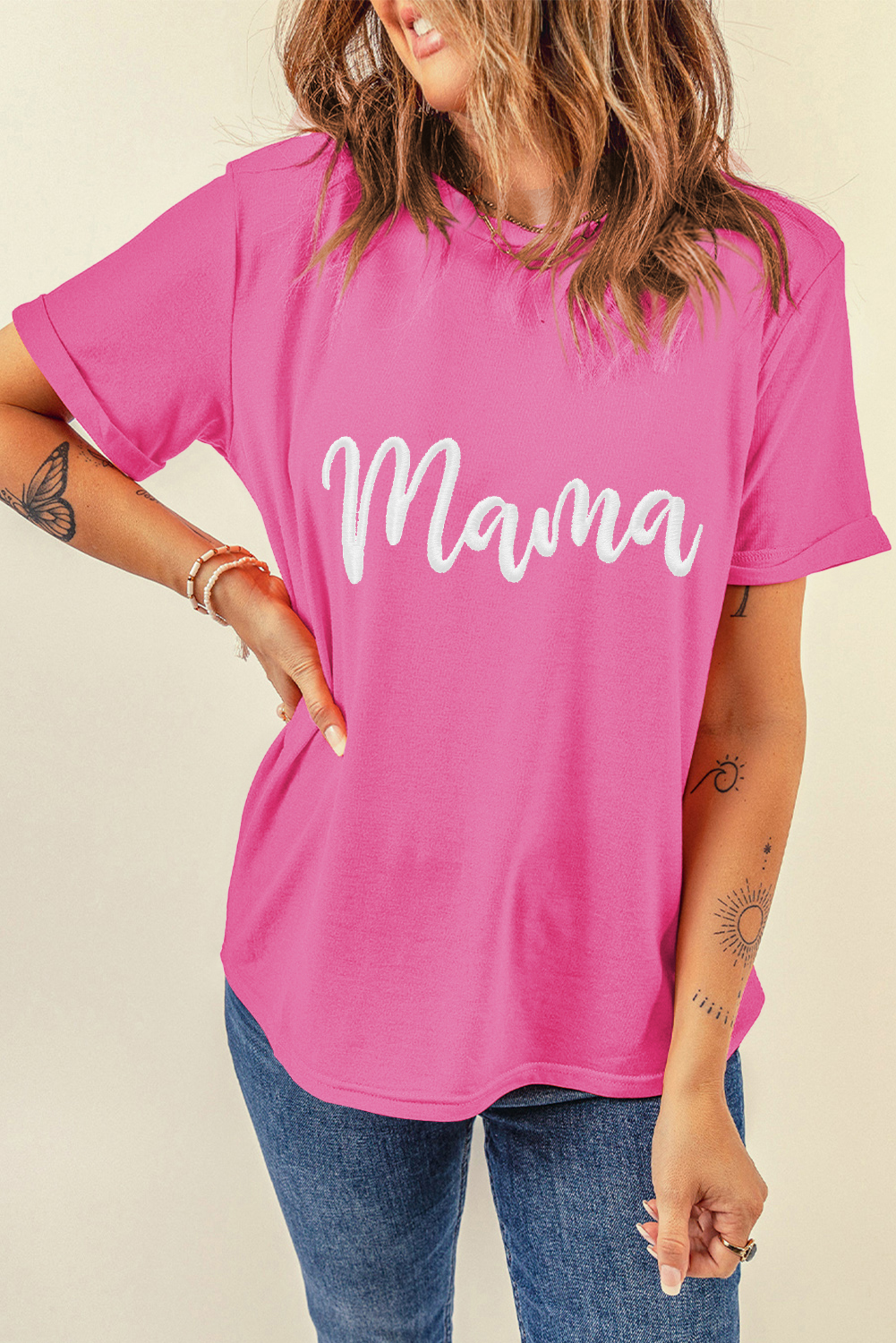 Sachet Pink mama Embroidered Graphic Crewneck Mothers Day T Shirt