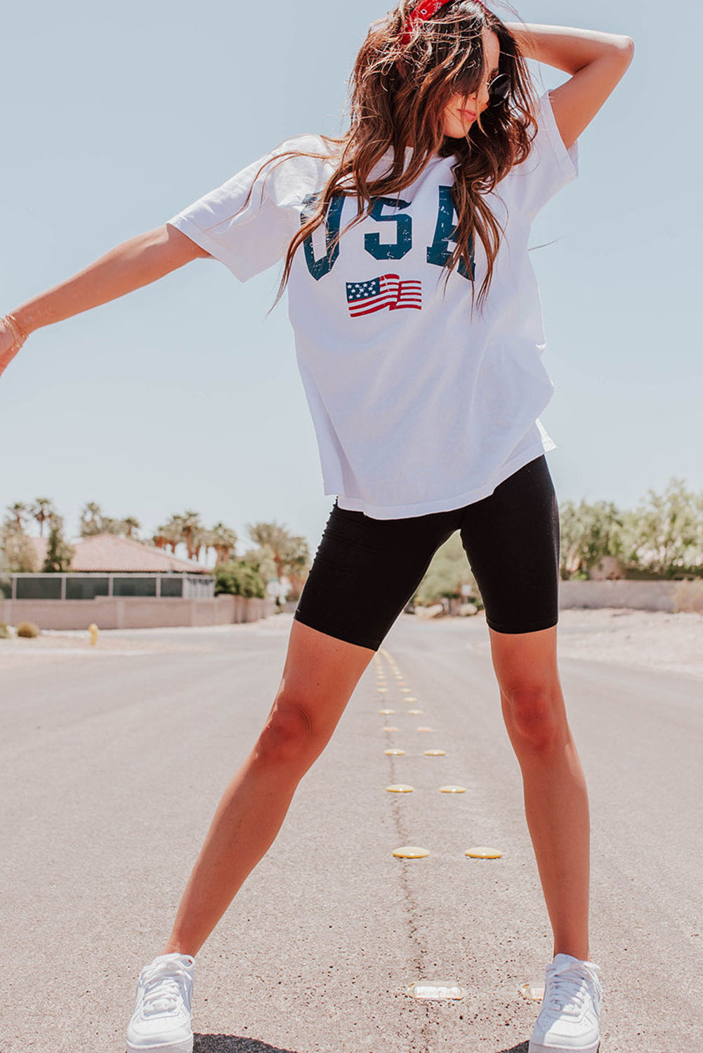 Gray Blooming USA Flag Print Casual T Shirt