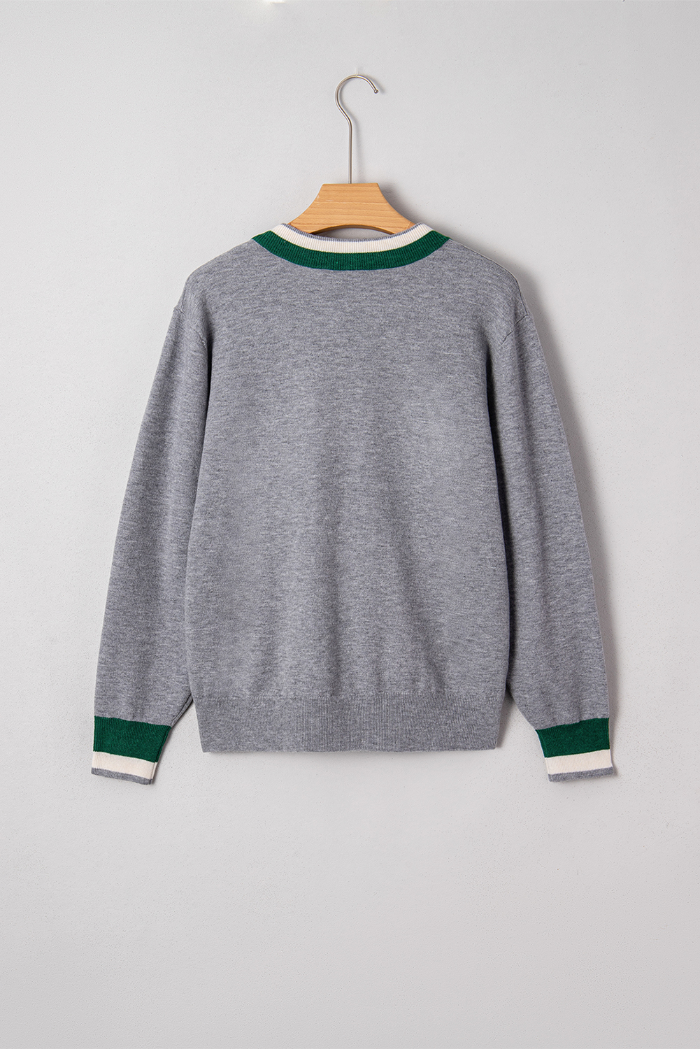 Black Contrast Striped Trim V Neck Varsity Sweater