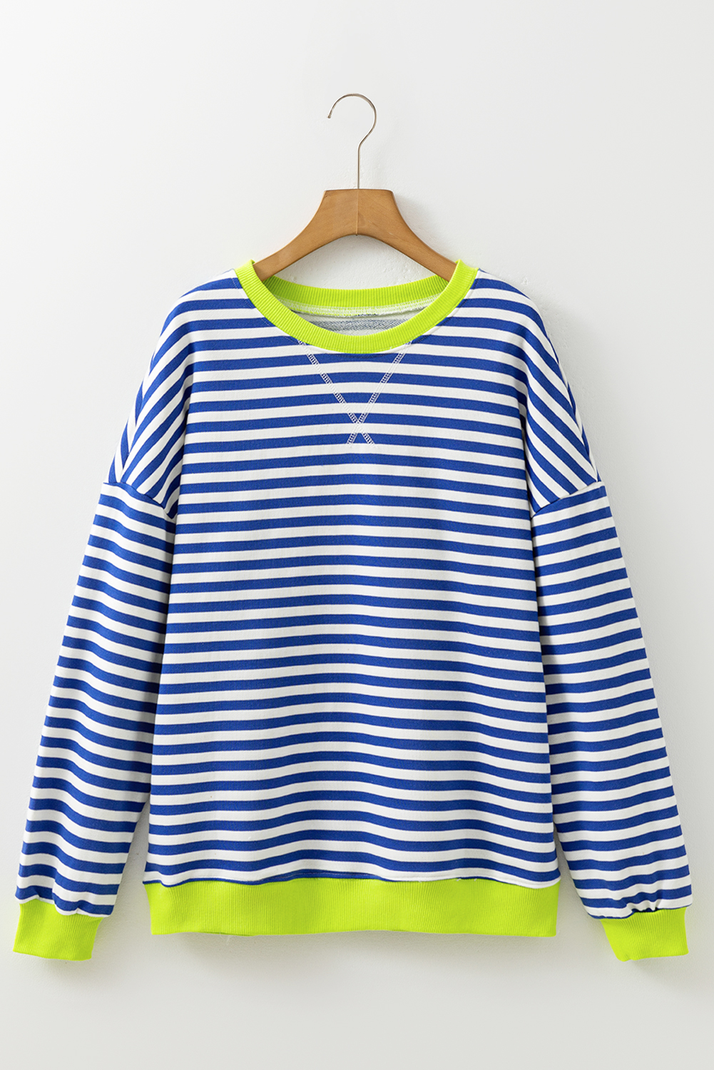 Red Stripe Contrast Ribbed Trim Crossed Stitch Drop Shoulder Sweatshirt