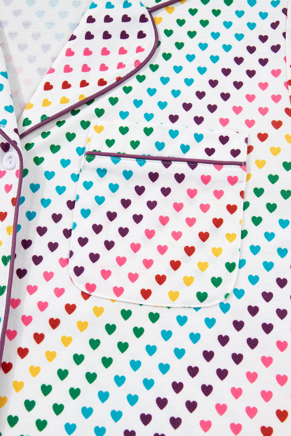White Pride Heart Print Valentines Long 2pcs Pajama Set
