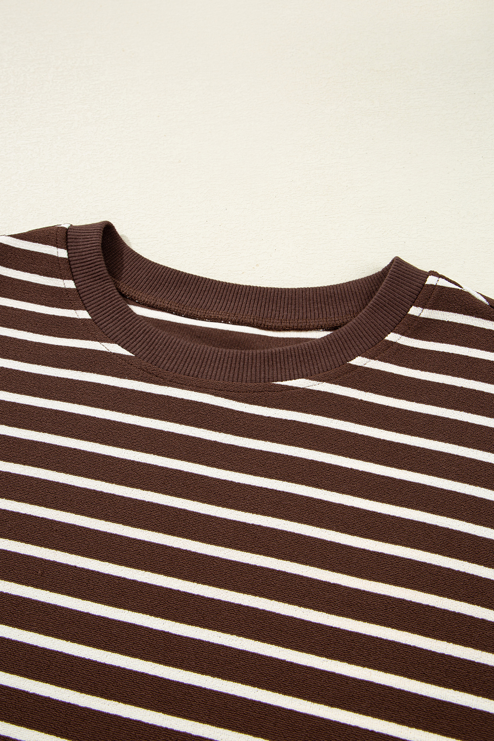 Brown Stripe Ribbed Cropped Crew Neck Long Sleeve T Shirt
