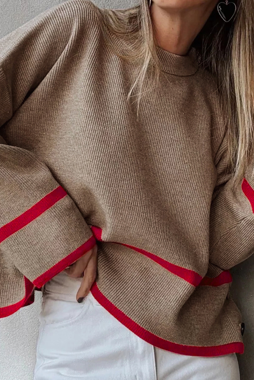 Simply Taupe Ribbed Knit Contrasted Stripe Detail Button Side Loose Sweater