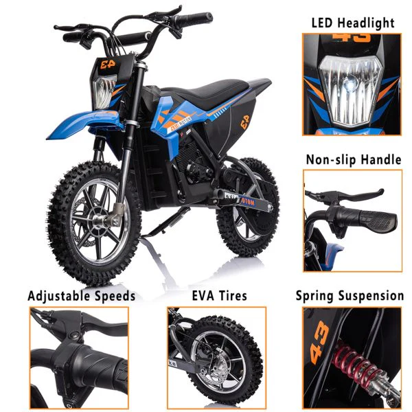 36V Kids Electric Dirt Bike, 36V, 350W, 15.5MPH, LED, 175lbs Max – Blue