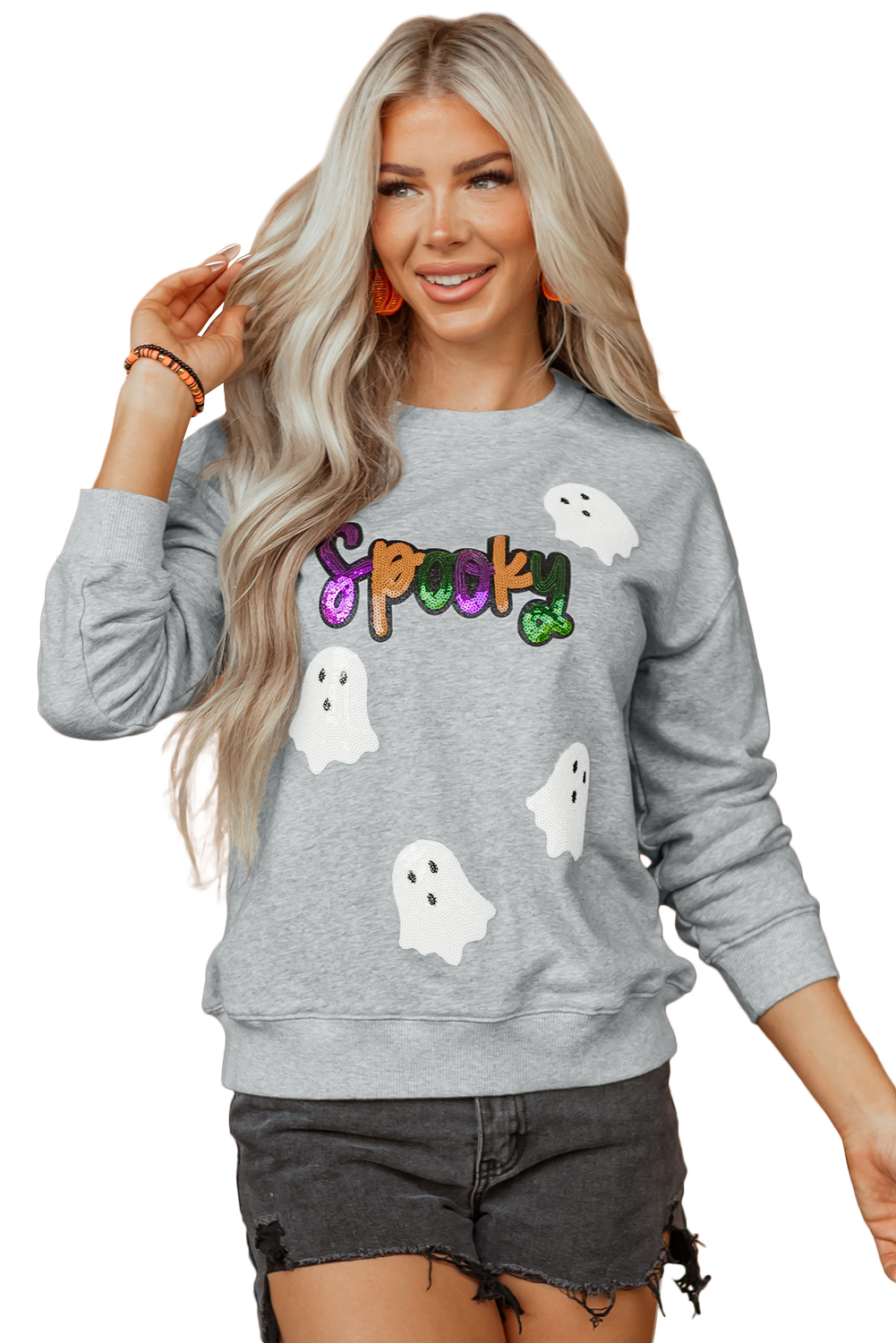 Gray Spooky Halloween Ghost Sequin Patched Sweatshirt