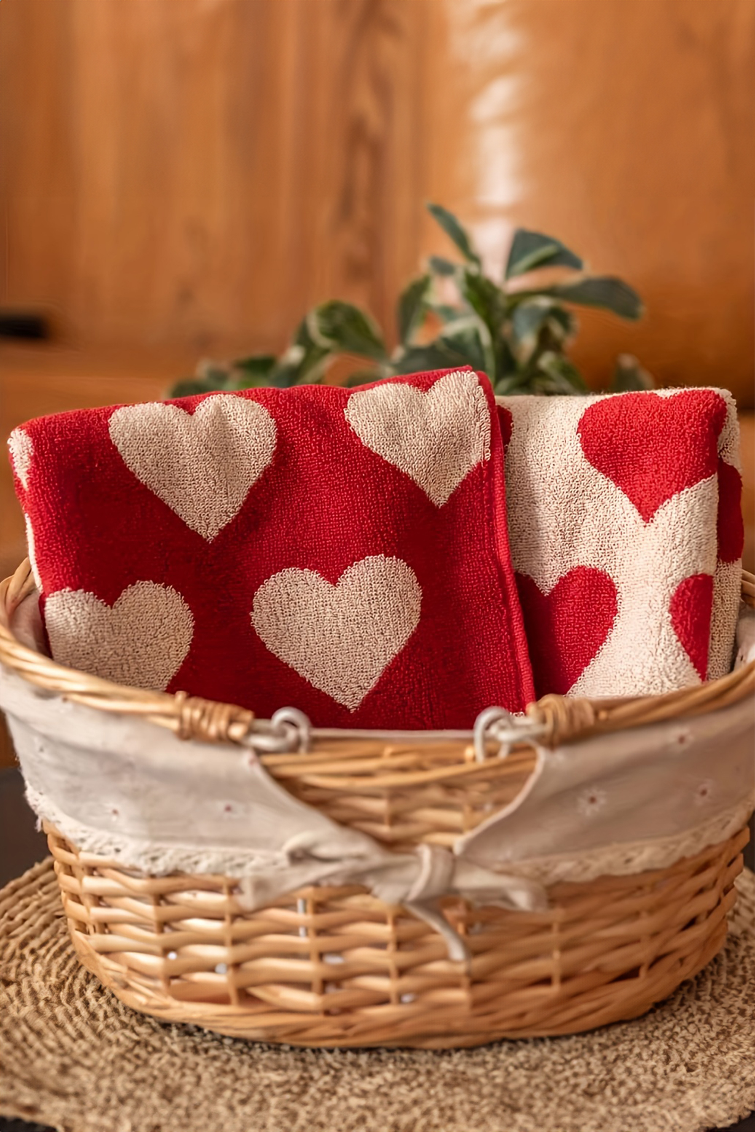 Fiery Red Double Side Heart Printed Allover Cotton Face Towel