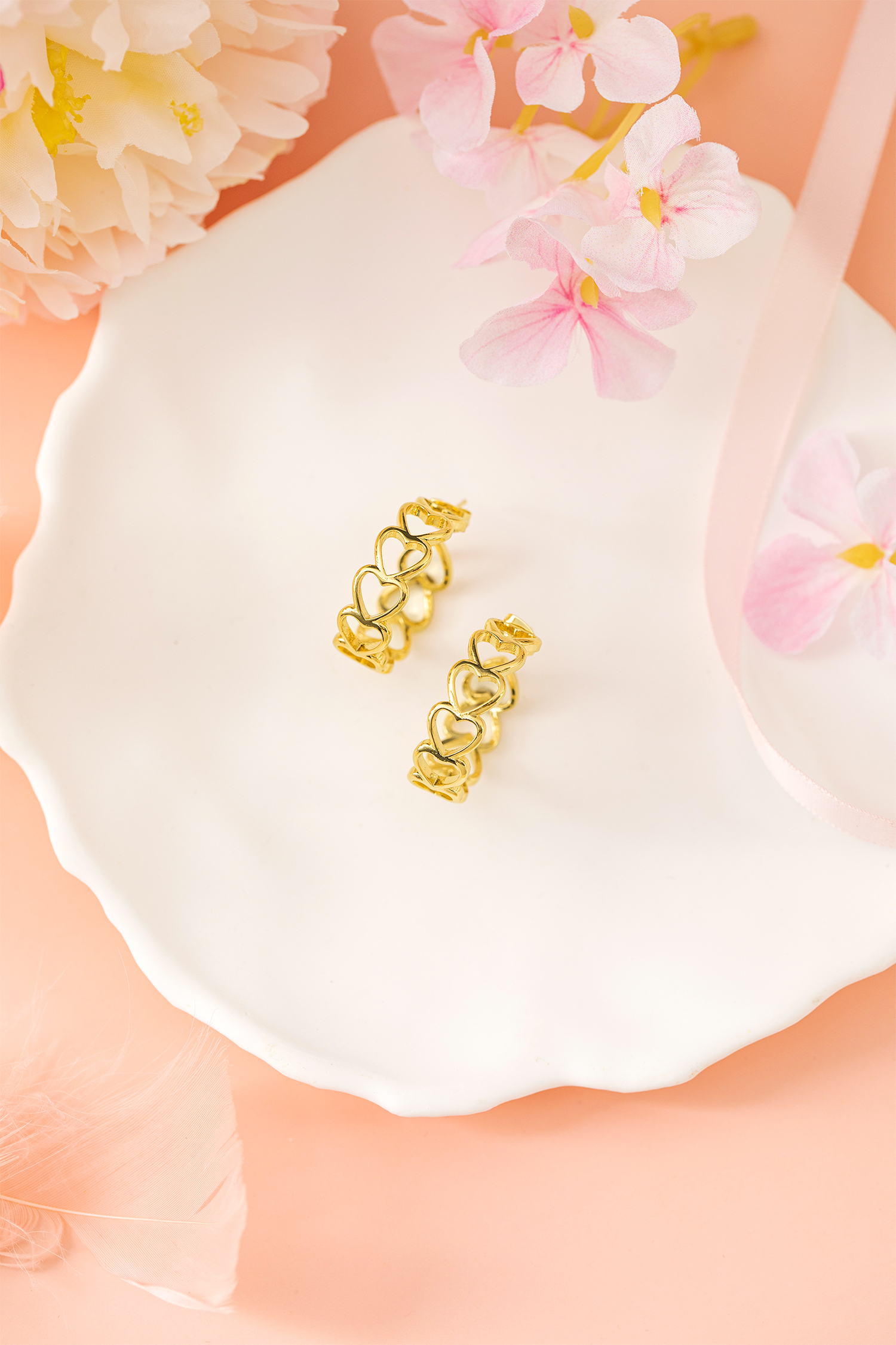 Gold Plated Heart Link Hoop Stud Earrings